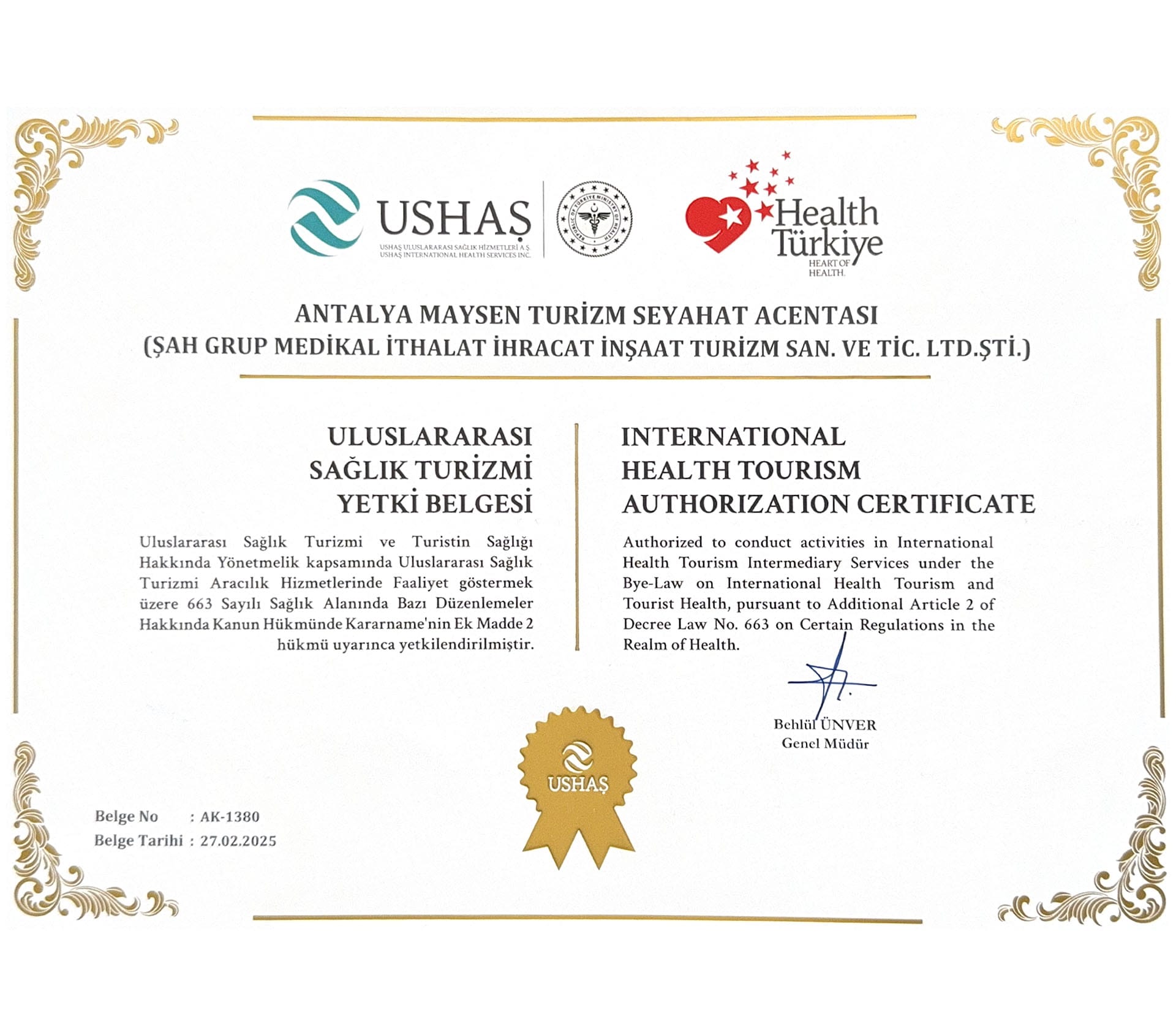 Uluslararası Sağlık Turizmi Yetki Belgesi